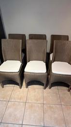 6 eetkamerstoelen met kussens, Ophalen, Gebruikt, Bruin, Riet of Rotan