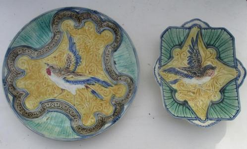 antieke 19eeuwse barbotine borden Wasmuel vogels, Antiek en Kunst, Antiek | Keramiek en Aardewerk, Verzenden