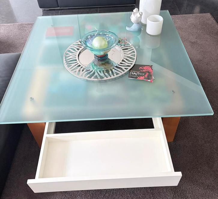 Luxe salontafel in groen glas – 110x110 cm – 2 laden, Huis en Inrichting, Tafels | Salontafels, Zo goed als nieuw, Glas, Ophalen