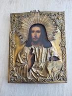 Orthodoxe icoon met messing oklad. 19 eeuw, Ophalen of Verzenden