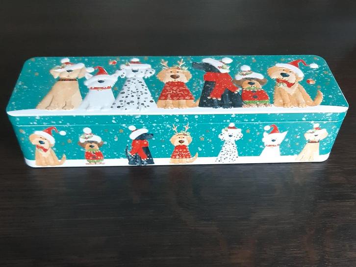 Nog nieuw: blikken doos met honden kerstoutfit, Collections, Boîte en métal, Neuf, Enlèvement ou Envoi