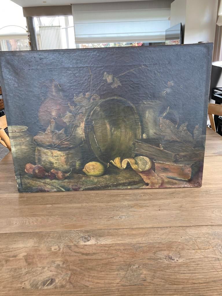 Stilleven met boeken, potten, uien en citroenen, Ophalen