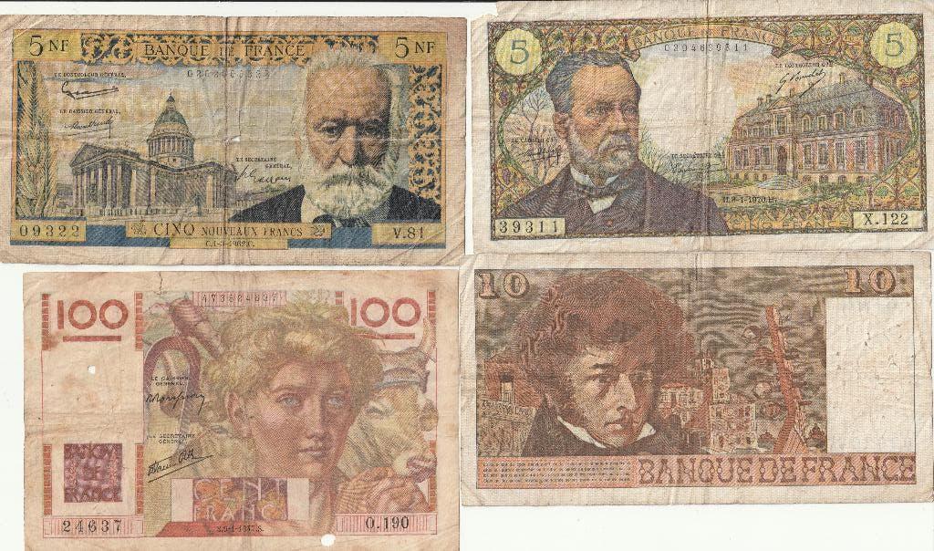 FRANKRIJK 2X5 FR 1962+1970++10 FR 1976+100 FR 1947, Ophalen of Verzenden, Frankrijk