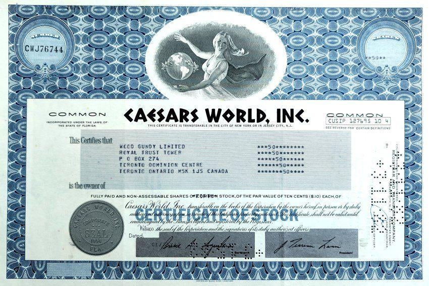 Caesar's World (Las Vegas casino's) 1982, Ophalen of Verzenden, 1970 tot heden, Certificaat van aandeel