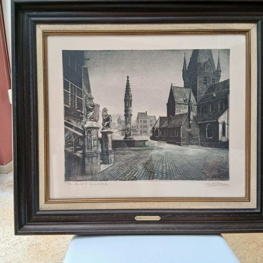 Lithographie à l'eau-forte Emiel De Cooman 1956 Markt Geraar, Enlèvement ou Envoi