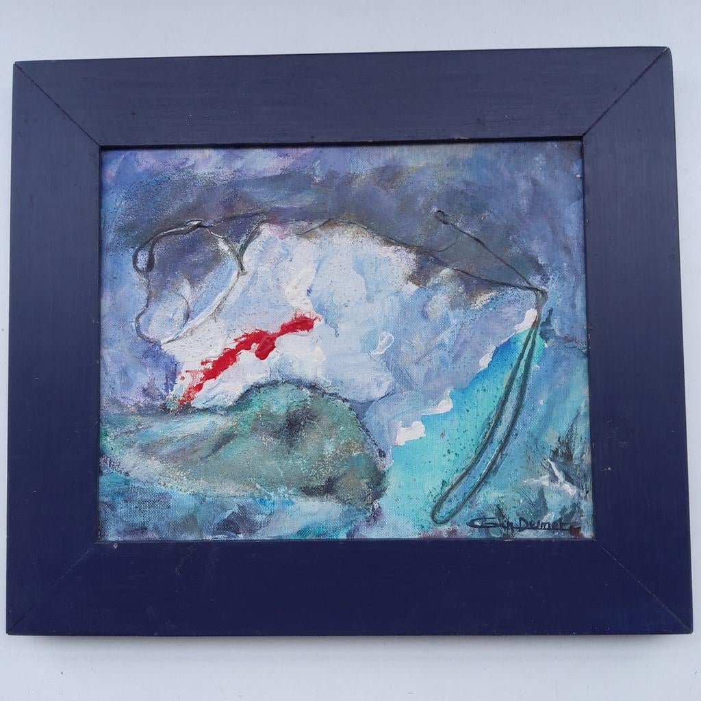 Origineel, abstract schilderij op doek. Ingelijst 40 x 35 cm, Ophalen of Verzenden