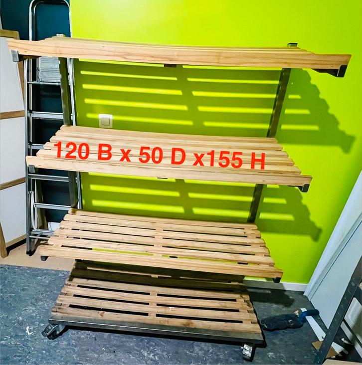 Stevig rek met houten leggers en remwielen, Zakelijke goederen, Kantoor en Winkelinrichting | Magazijn, Stelling en Opslag, Ophalen