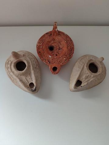 3 antiek olielamp aardewerk Byzantijns terracotta oliekaars beschikbaar voor biedingen