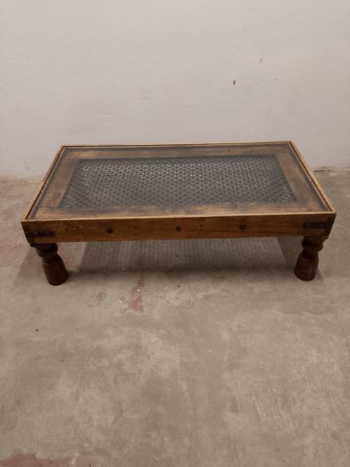 Eiken salon-/koffietafel-Spaanse stijl met ijzer/glazen blad, Huis en Inrichting, Tafels | Bijzettafels, Gebruikt, Rechthoekig