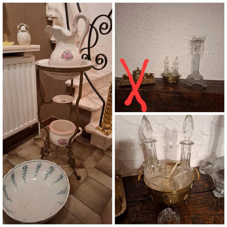 Antiek stenen kruiken met(koper)staander, glazen set,kandela, Antiek en Kunst, Antiek | Brons en Koper, Brons, Ophalen