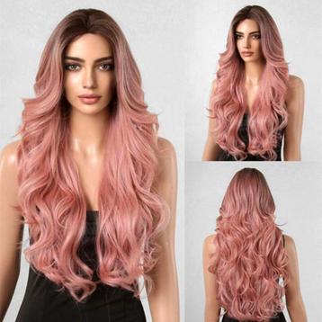 Luxe pruik lang roze haar met slagen zonder pony model Shail beschikbaar voor biedingen