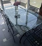 Eettafel van smeedijzer en glas + 6 stoelen, Huis en Inrichting, Ophalen, Gebruikt, Glas