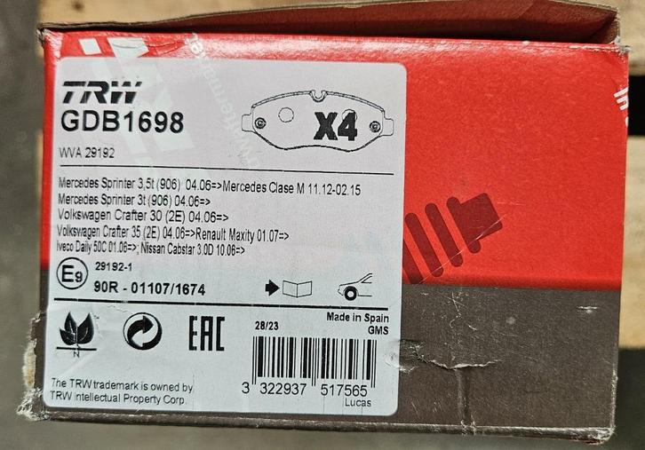 TRW GDB1698 remmen Mercedes sprinter-Volkswagen Crafter, Auto-onderdelen, Remmen en Aandrijving, Mercedes-Benz, Nissan, Renault