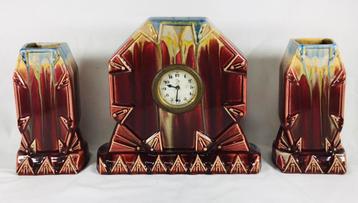 Faiencerie Thulin Art Deco keramiek Mantelset klok LaMinerve beschikbaar voor biedingen