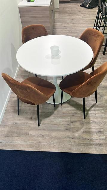 Witte tafel en 4 bruine fluwelen stoelen