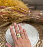 Ring goud blauwe steentjes roestvrij staal dames statement, Verzenden, Zo goed als nieuw, Goud