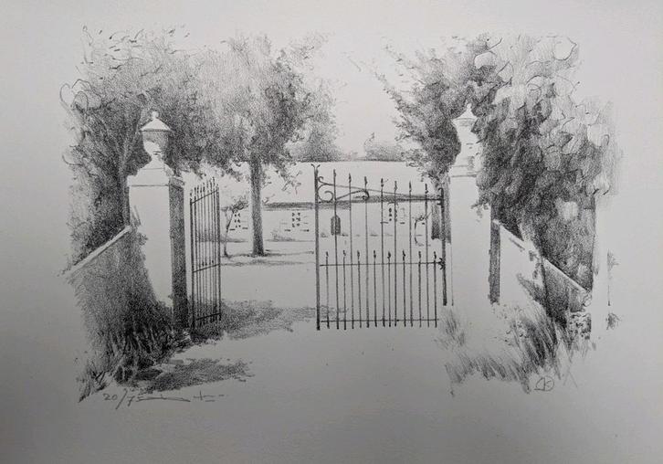 Hans Kitslaar - litho - 1985 - poort met tuinvazen, Antiek en Kunst, Kunst | Litho's en Zeefdrukken, Ophalen of Verzenden