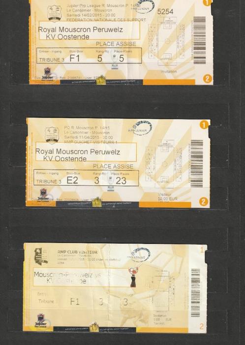 2 verschill. (gebruikte) tickets Mouscron - Oostende (2015), Verzamelen, Sportartikelen en Voetbal, Gebruikt, Overige typen, Ophalen of Verzenden