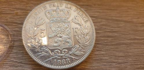 pièce 5 francs belge - Léopold II 1868 sans point, Postzegels en Munten, Munten | Europa | Euromunten, Losse munt, België, Ophalen of Verzenden