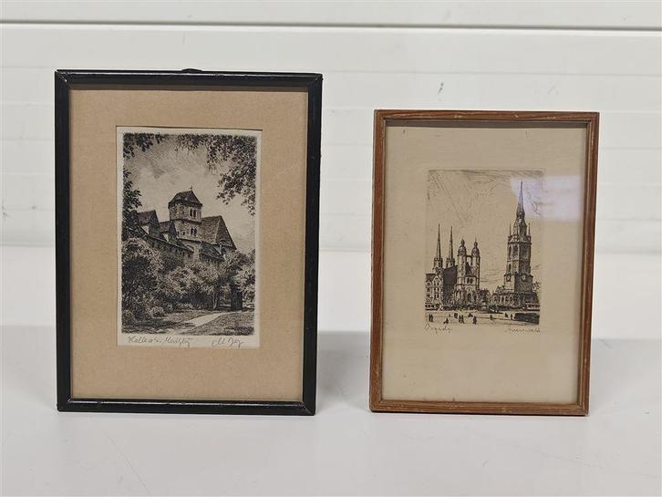 A7028 Etsen Halle Duitsland | 2 stuks | 1930s, Antiek en Kunst, Kunst | Etsen en Gravures, Ophalen of Verzenden