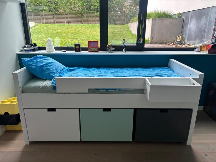 Bed - Halfhoogslaper met 3 opbergbakken - Bopita, Huis en Inrichting, Slaapkamer | Bedden, Gebruikt, Eenpersoons, 90 cm, 200 cm