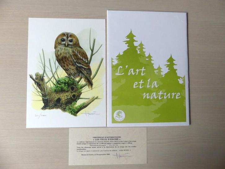 Dessin numéroté Buzin Chouette hulotte + certificat 41/400, Timbres & Monnaies, Timbres | Europe | Belgique, Enlèvement ou Envoi