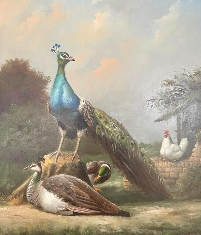 Schilderij Hilaire Bals, pauwen met eend en kip, Antiek en Kunst, Kunst | Schilderijen | Klassiek, Ophalen