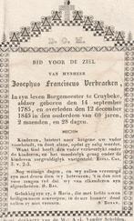 Burgemeester van Cruybeke Josephus Verbraeken 1785-1845, Ophalen of Verzenden
