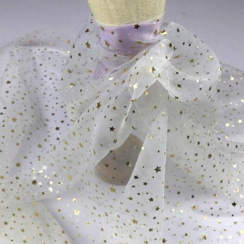 Promo! 544) 150x100cm Organza wit gouden sterretjes, Hobby en Vrije tijd, Stoffen en Lappen, Nieuw, Polyester, 120 cm of meer