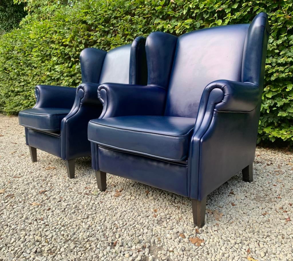 2 Marine Antiek blauwe Echt leren Wingchairs Fauteuils, Antiek en Kunst, Antiek | Meubels | Stoelen en Sofa's, Ophalen