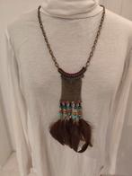 collier plastron ethnique plume métal + véritable Turquoise, Ophalen of Verzenden, Zo goed als nieuw