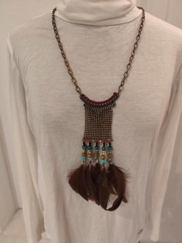 collier plastron ethnique plume métal + véritable Turquoise beschikbaar voor biedingen