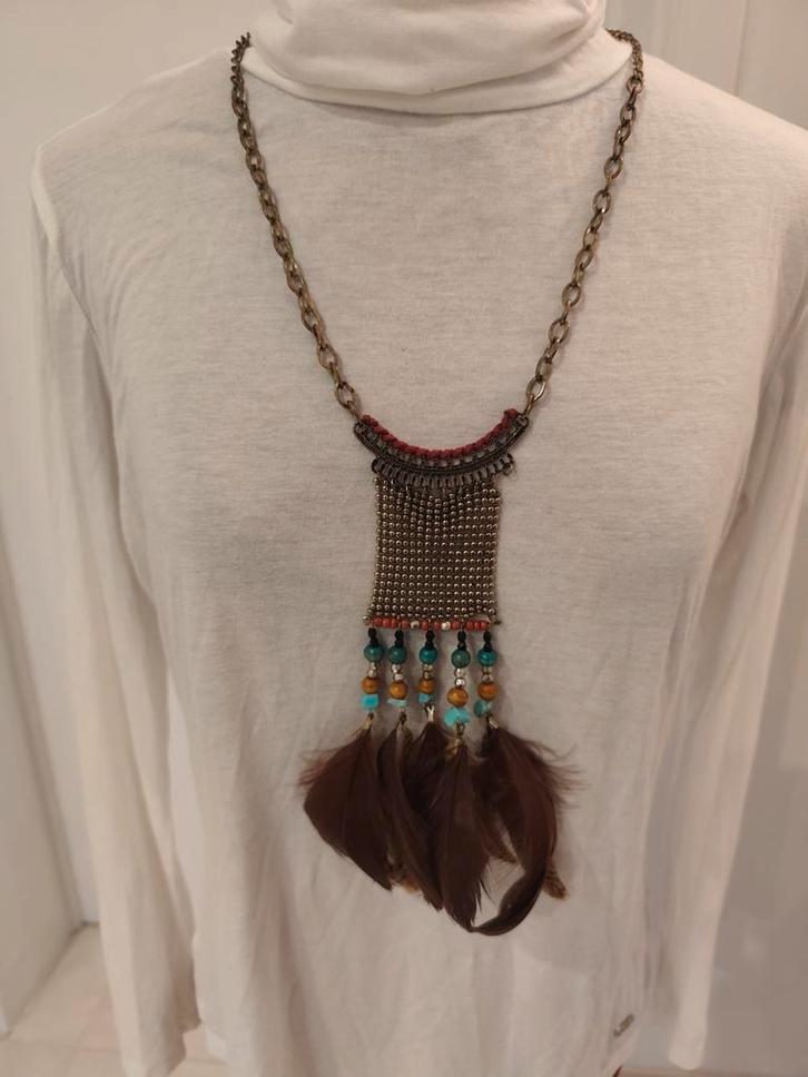 collier plastron ethnique plume métal + véritable Turquoise, Handtassen en Accessoires, Kettingen, Zo goed als nieuw, Ophalen of Verzenden