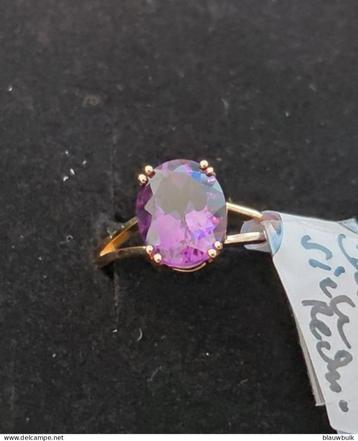 Bague en or jaune 14 carats avec améthyste ovale naturelle f, Enlèvement ou Envoi, Comme neuf, Or, 17 à 18