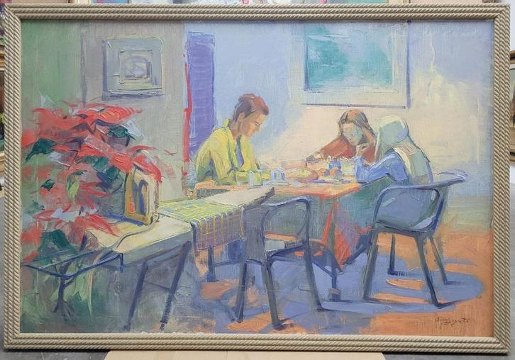 Edwig GOYVAERTS, Samen aan tafel, Antiek en Kunst, Kunst | Schilderijen | Klassiek, Ophalen