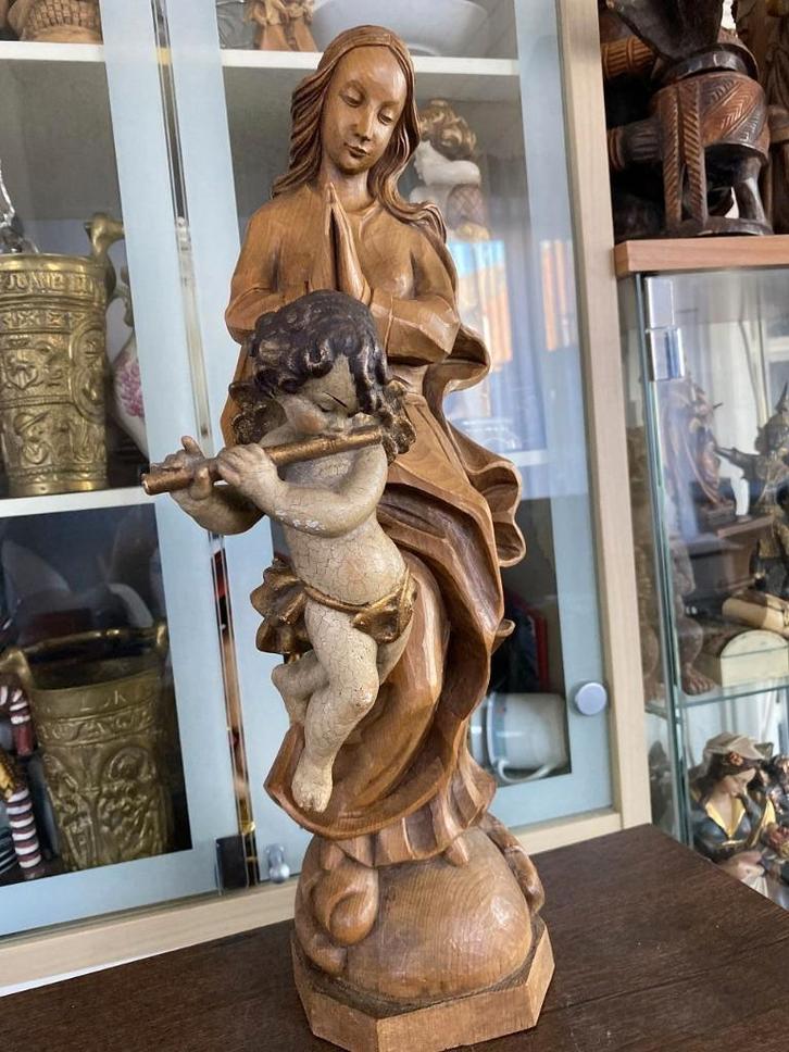 biddende Madonna met houten engel 43 cm, Antiek en Kunst, Antiek | Religieuze voorwerpen, Ophalen of Verzenden