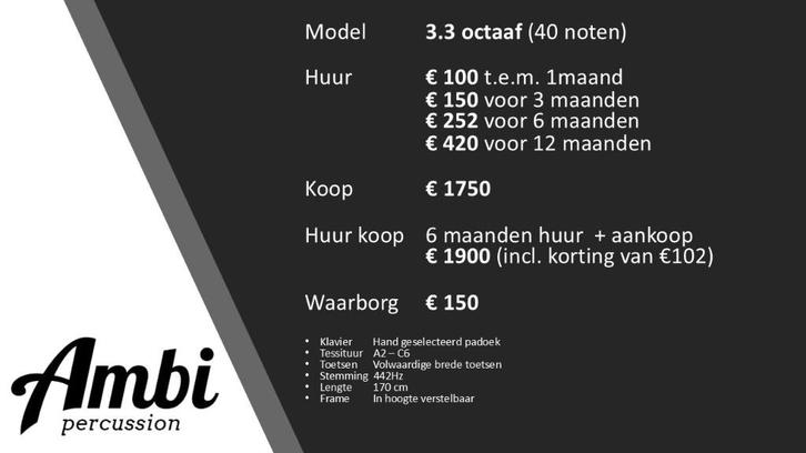 Marimba te huur (model 3.3 octaaf), Musique & Instruments, Percussions, Comme neuf, Percussion mélodique, Enlèvement