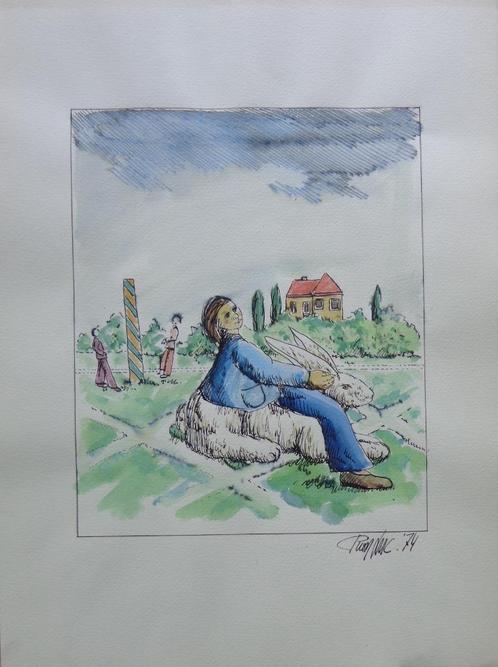 LUC PIRON / HAAS MET FIGUUR OP RUG / ORIGINEEL WERK 40x30cm, Antiek en Kunst, Kunst | Schilderijen | Modern, Ophalen of Verzenden