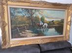 Groot klassiek schilderij met gouden lijst paarden & natuur, Ophalen