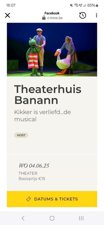 2 tickets de musical kikker is verliefd. 14 u C mine Genk  beschikbaar voor biedingen