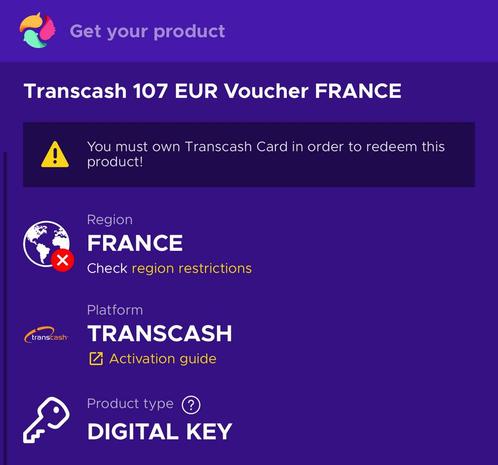 Code Transcash 107€ – À vendre, Tickets en Kaartjes, Overige Tickets en Kaartjes, Eén persoon