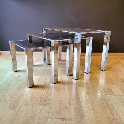 ✔️ 3 Italiaanse tafels van Saporiti Design 70s', Huis en Inrichting, Tafels | Bijzettafels, Zo goed als nieuw, Rechthoekig, Glas