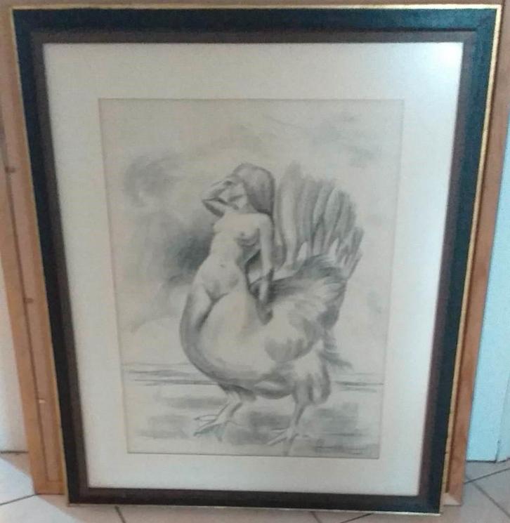 Prachtige Kunsttekening in kader met glas., Antiquités & Art, Art | Peinture | Classique, Enlèvement