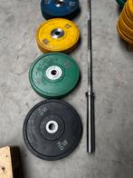 150kg Gekleurde Bumperplates + Olympische Barbell 220cm, Ophalen, Gebruikt, Halterschijven