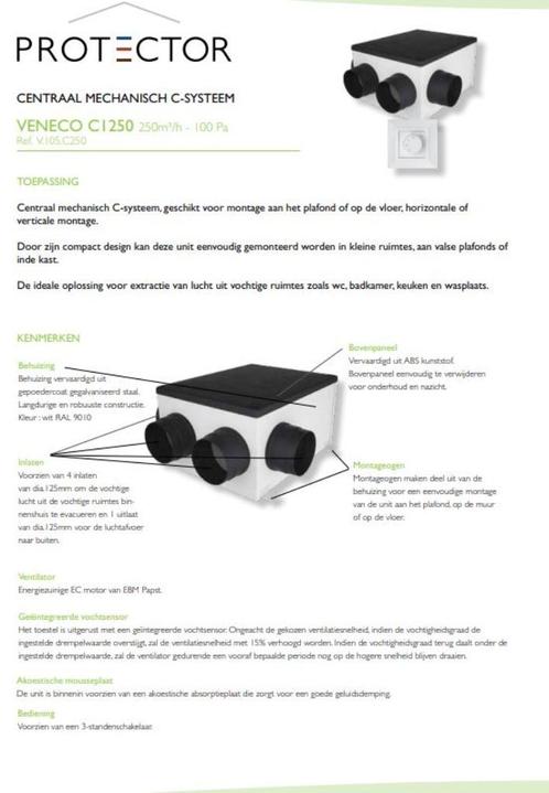 Veneco - Ventilatie systeem C - vochtige ruimtes, Doe-het-zelf en Bouw, Verwarming en Radiatoren, Nieuw, Ophalen of Verzenden