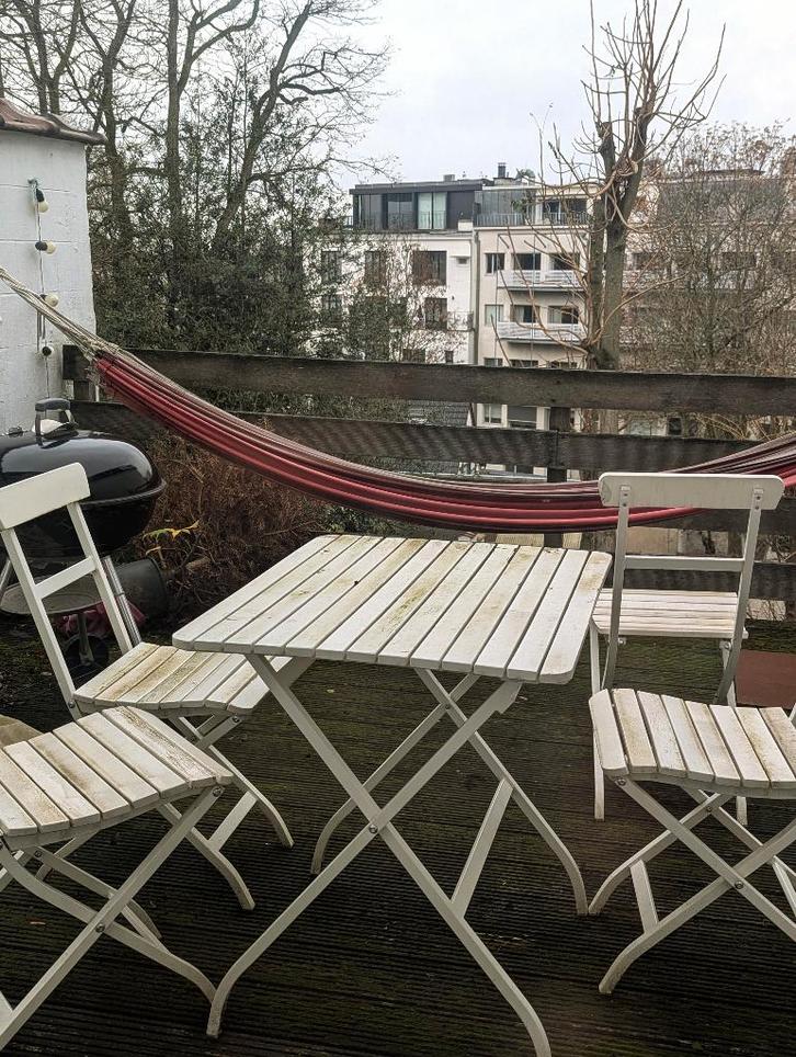 Table + 4 chaises pliantes terrasse et jardin, Jardin & Terrasse, Chaises de jardin, Utilisé, Bois, Pliant, Enlèvement