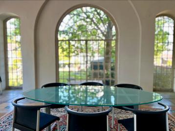 Design de table à manger en verre, Comme neuf, 100 à 150 cm, Enlèvement, Métal