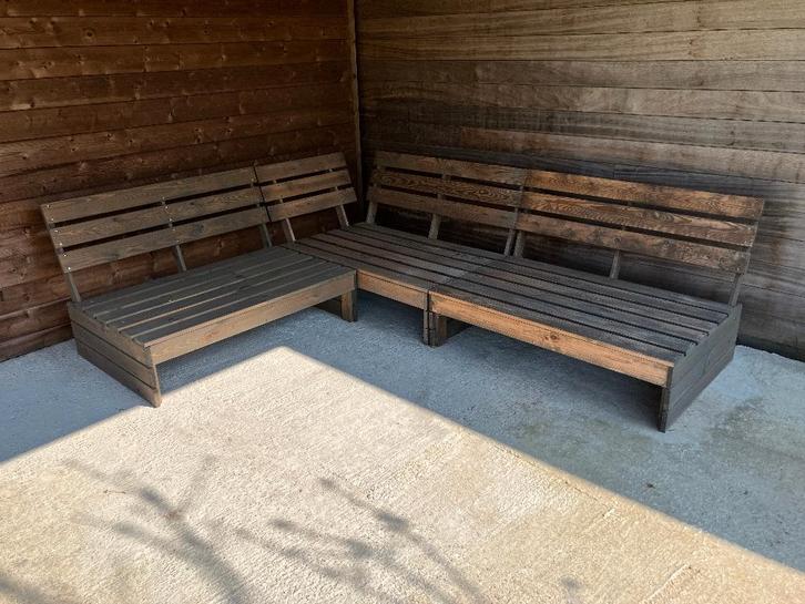 Palletbank 3 stuks incl kussens, Tuin en Terras, Tuinbanken, Zo goed als nieuw, Hout, Ophalen