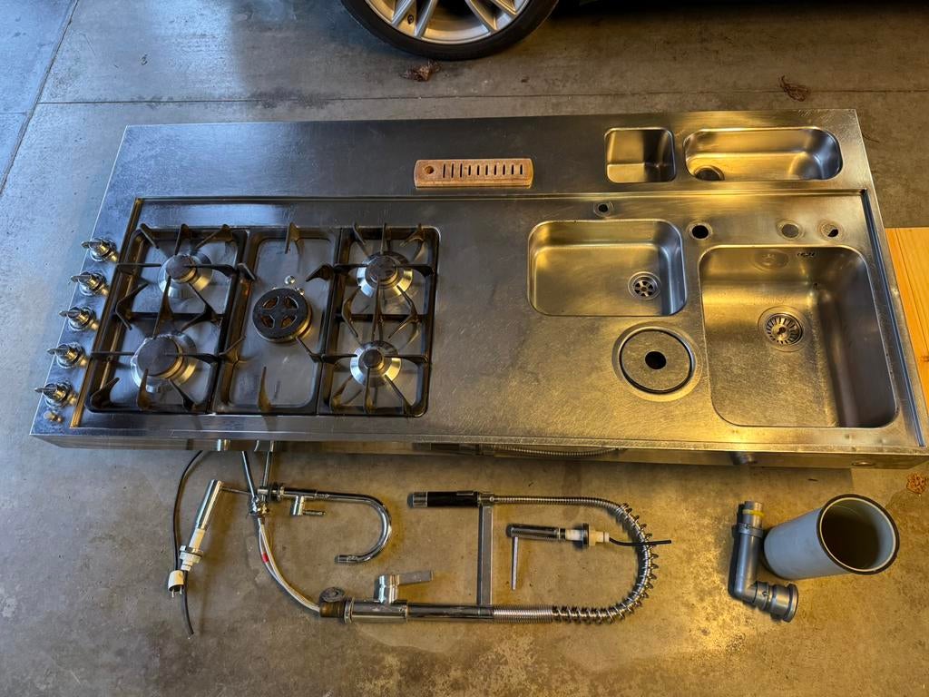 Keukenaanrecht inox met gasfornuis, Huis en Inrichting, Keuken | Keukenelementen, Ophalen, Gebruikt, 75 cm of meer, 150 tot 200 cm