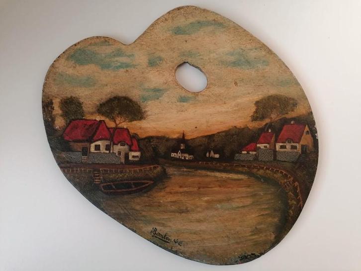 Naïef landschap geschilderd op een schilderspalet, Antiek en Kunst, Kunst | Schilderijen | Klassiek, Ophalen